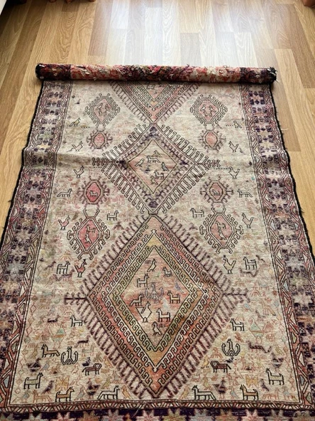 110x185 cm Bohem Stili Türk Kilim, Hayvan Desenli El Dokuma Kilim, Harika Kondisyonlu Ev & Ofis Kilim - 7