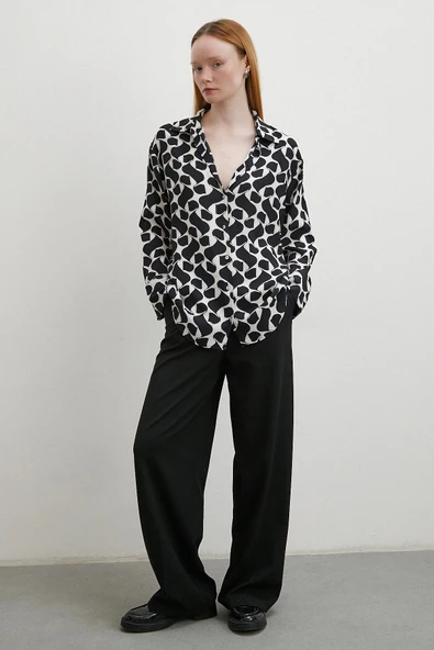 Kontrast Desenli Maroken Viskon Gömlek Siyah ürün görseli