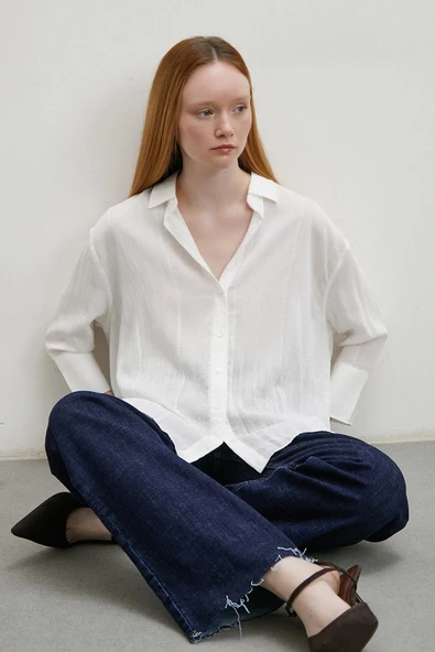 Çift İğneli Pamuklu Gömlek Beyaz - 3