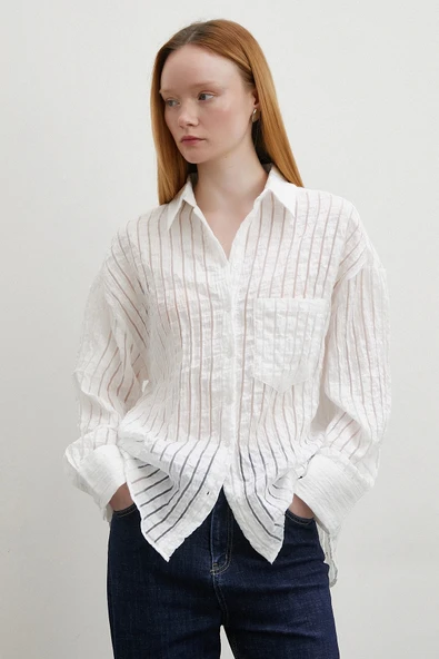 Transparan Çizgili Gömlek Beyaz - Resim 2