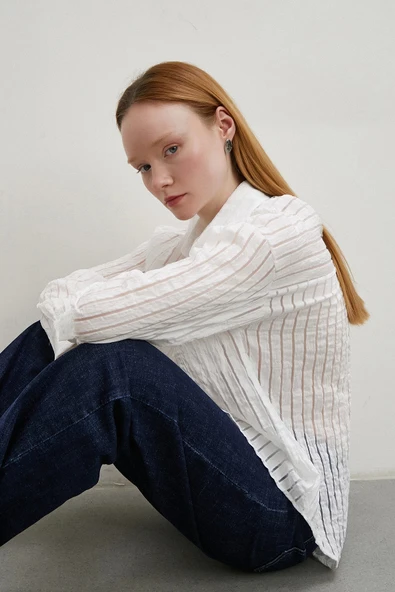 Transparan Çizgili Gömlek Beyaz - Resim 5