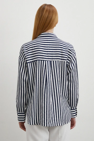 Multi Çizgili Cepli Gömlek Lacivert - 5