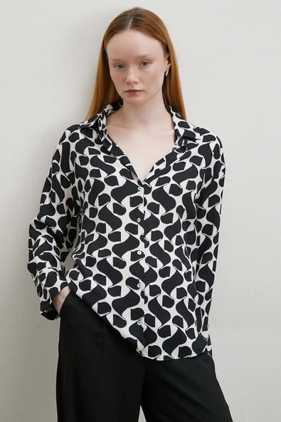 Kontrast Desenli Maroken Viskon Gömlek Siyah - Resim 4