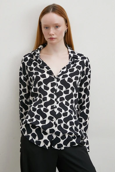 Kontrast Desenli Maroken Viskon Gömlek Siyah - Resim 3