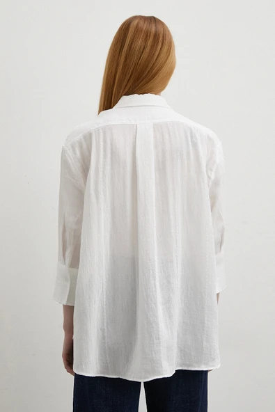 Çift İğneli Pamuklu Gömlek Beyaz - 6