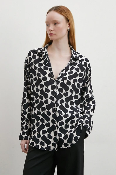 Kontrast Desenli Maroken Viskon Gömlek Siyah - Resim 2