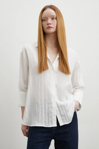 Çift İğneli Pamuklu Gömlek Beyaz - 2