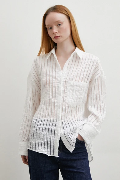 Transparan Çizgili Gömlek Beyaz - Resim 3