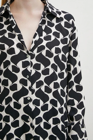 Kontrast Desenli Maroken Viskon Gömlek Siyah - Resim 5