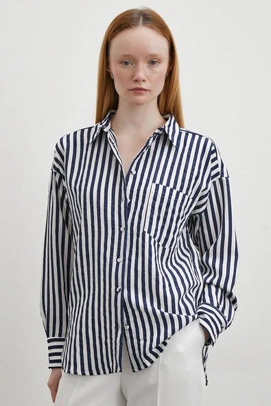 Multi Çizgili Cepli Gömlek Lacivert - 2