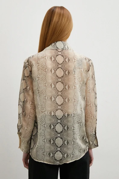Yılan Derisi Desenli Tül Gömlek Bej - 6