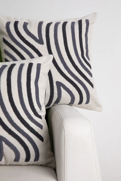 Ocean Keten Punch Nakışlı 2'li Kırlent Kılıfı 42x42 - Antrasit - 2