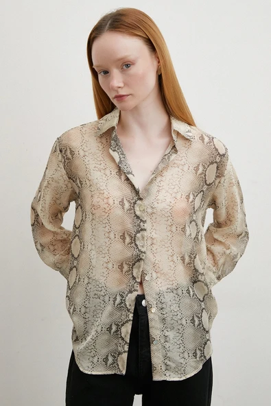 Yılan Derisi Desenli Tül Gömlek Bej - 2