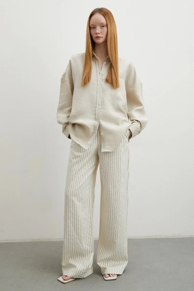 Robalı Cepli Keten Gömlek Taş ürün görseli