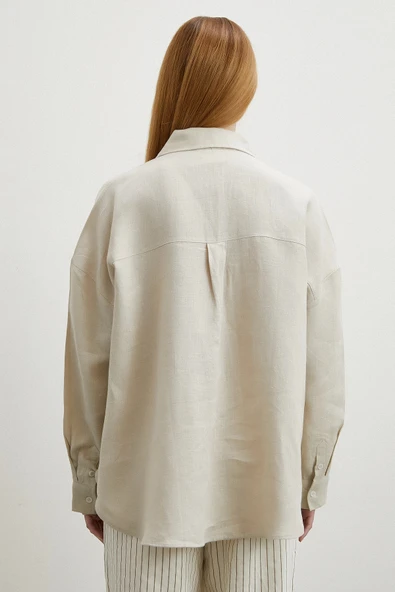 Robalı Cepli Keten Gömlek Taş - Resim 2