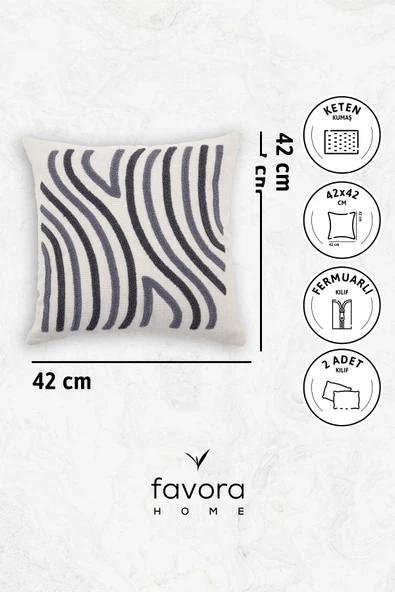 Ocean Keten Punch Nakışlı 2'li Kırlent Kılıfı 42x42 - Antrasit - 6