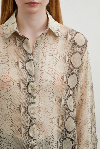 Yılan Derisi Desenli Tül Gömlek Bej - 5