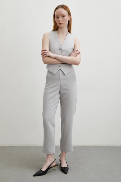 Önü Pensli Skinny Kumaş Pantolon Gri - 2