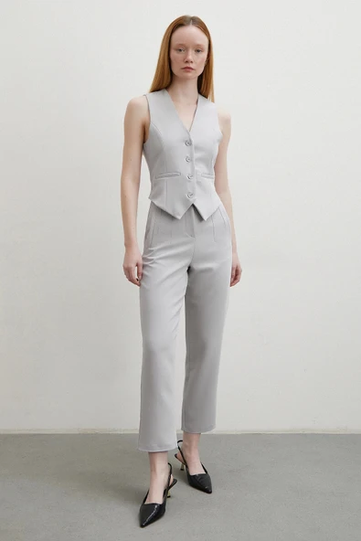 Önü Pensli Skinny Kumaş Pantolon Gri - 4