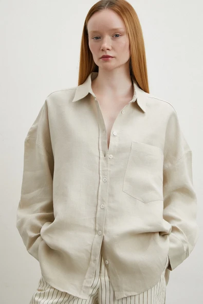 Robalı Cepli Keten Gömlek Taş - Resim 6