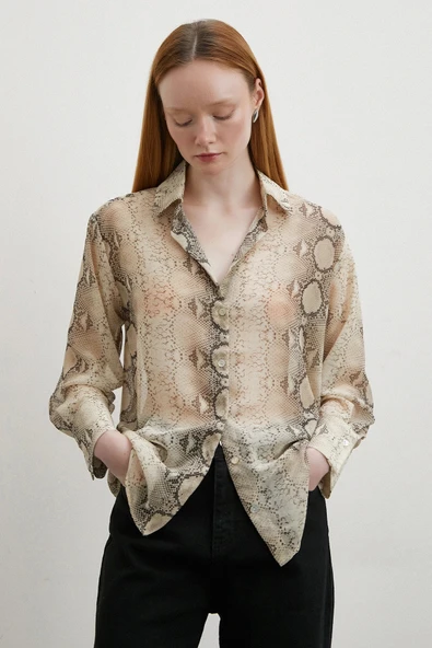 Yılan Derisi Desenli Tül Gömlek Bej - 3