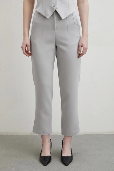 Önü Pensli Skinny Kumaş Pantolon Gri - 5