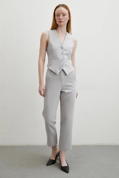 Önü Pensli Skinny Kumaş Pantolon Gri - 3