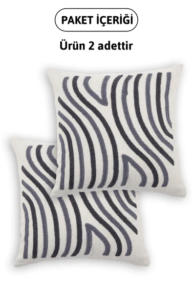 Ocean Keten Punch Nakışlı 2'li Kırlent Kılıfı 42x42 - Antrasit - 5