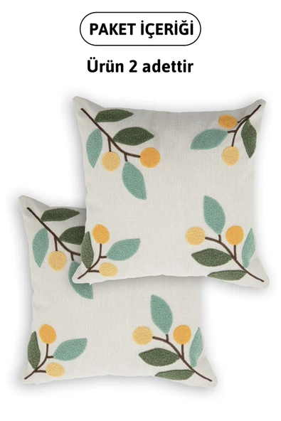 Olivya Keten Punch Nakışlı 2'li Kırlent Kılıfı 42x42 - Yeşil - 5