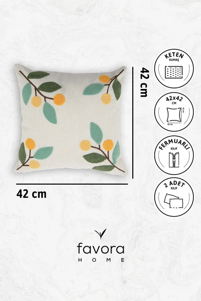 Olivya Keten Punch Nakışlı 2'li Kırlent Kılıfı 42x42 - Yeşil - 6