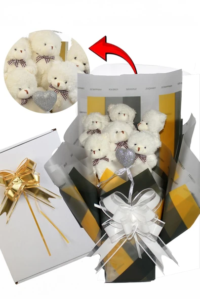 Elegance Peluş Ayıcık Buketi - 6 Adet Yumoş Peluş Ayıcık ve Simli Gümüş Kalp ile Özel Büyük Kutuda - 4