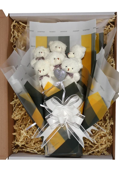 Elegance Peluş Ayıcık Buketi - 6 Adet Yumoş Peluş Ayıcık ve Simli Gümüş Kalp ile Özel Büyük Kutuda - 6