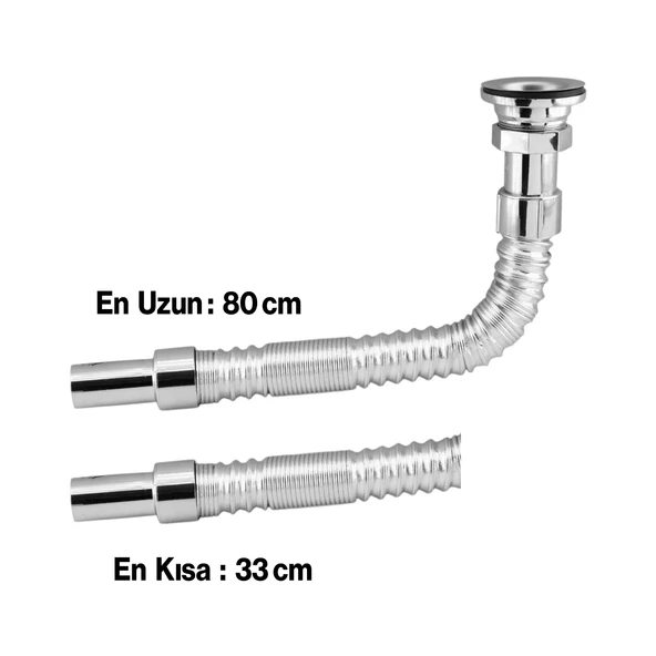 Standart Lavabo Evye Sifonu Uzun Plastik Körüklü Kıvrılabilir 33-80 cm Uzayabilir Krom Renk - 3