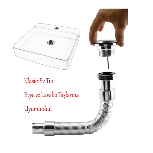 Standart Lavabo Evye Sifonu Uzun Plastik Körüklü Kıvrılabilir 33-80 cm Uzayabilir Krom Renk - 4