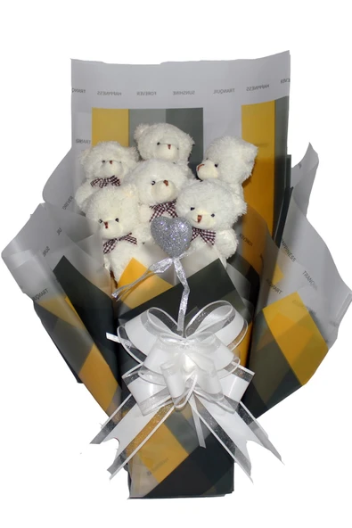 Elegance Peluş Ayıcık Buketi - 6 Adet Yumoş Peluş Ayıcık ve Simli Gümüş Kalp ile Özel Büyük Kutuda - 2