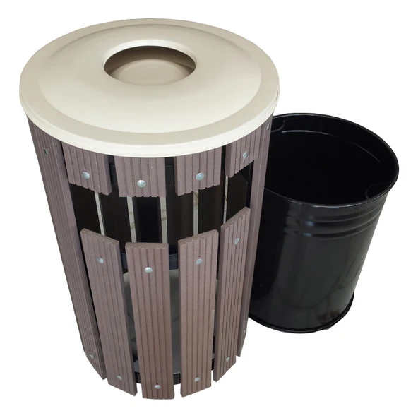 Safirkom Kompozit (Ahşap+Plastik) Yuvarlak Çöp Kovası Pencereli SÇ 15 KHP Kahverengi (50 Lt.) - 3
