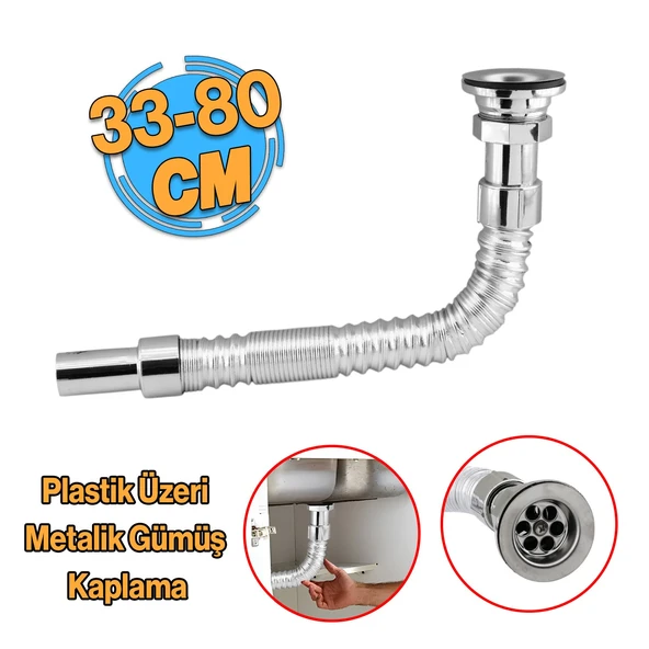 Standart Lavabo Evye Sifonu Uzun Plastik Körüklü Kıvrılabilir 33-80 cm Uzayabilir Krom Renk - 6