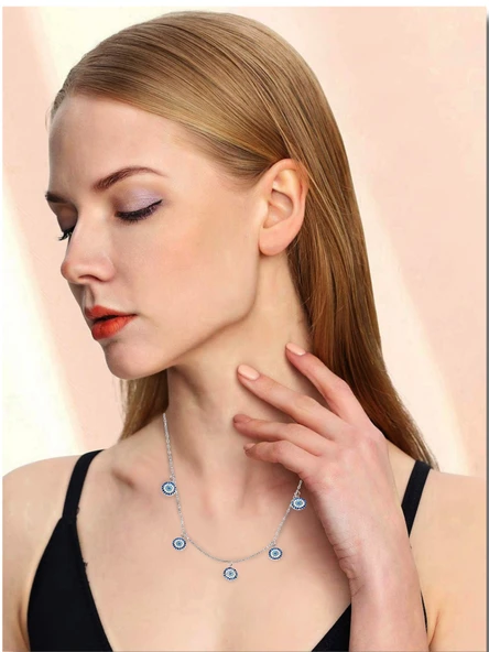 Nazar Gözlü Sallantılı Safir - Firuza Kadın Gümüş Kolye - Resim 3