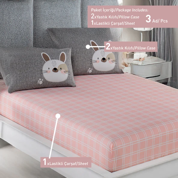Pes Lastikli Çarşaf Seti Çift Kişilik Tavşancık A.Kahve-Gri-Pembe - Resim 4