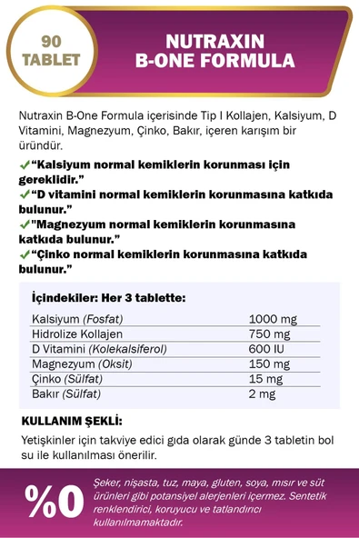 Nutraxin B-One Formula - Özel Destek 90 Tablet Kalsiyum Kolajen Tip1 Magnezyum Bakır 27463 - 3