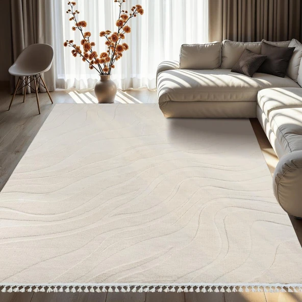 Dinarsu Alaçatı Püsküllü Kaymaz Taban Halı 150x230 Lorey Açık Bej - 2