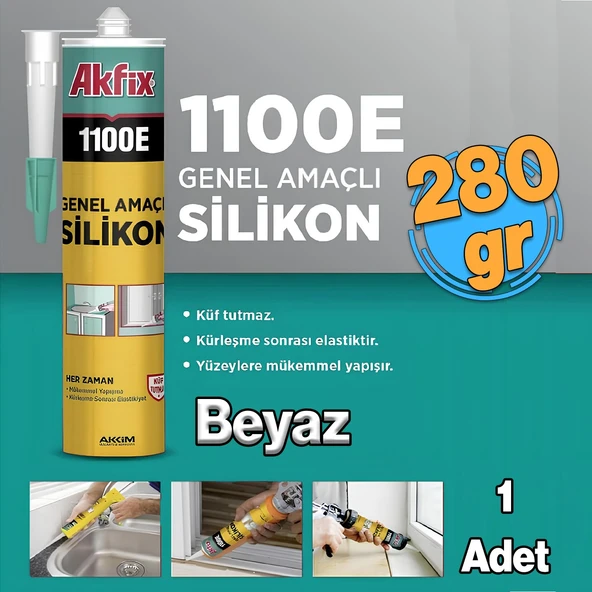 Beyaz Genel Amaçlı Silikon Yapıştırma Sızıntı Önleyici Dolgu Silikonu Akfix 1100E 280 gr 1 Adet