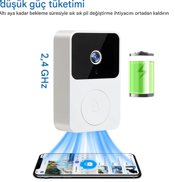 Akıllı Görüntülü Kapı Zili, Ofis Için 2.4GHZ Gece Görüşlü Şarj Edilebilir WiFi Görüntülü İnterkom - 2