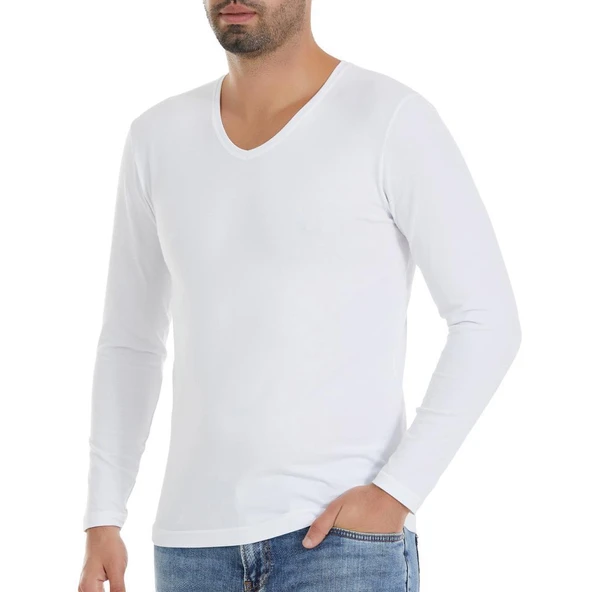 3 Adet Yıldız Erkek Likralı Uzun Kollu T-Shirt Fanila Beyaz 350