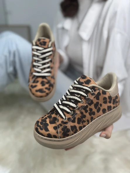 Günlük Kadın Sneaker Leopar Desenli Bağcıklı Oval Burun Yüksek Kalın Topuklu Spor Ayakkabı 313 - 2
