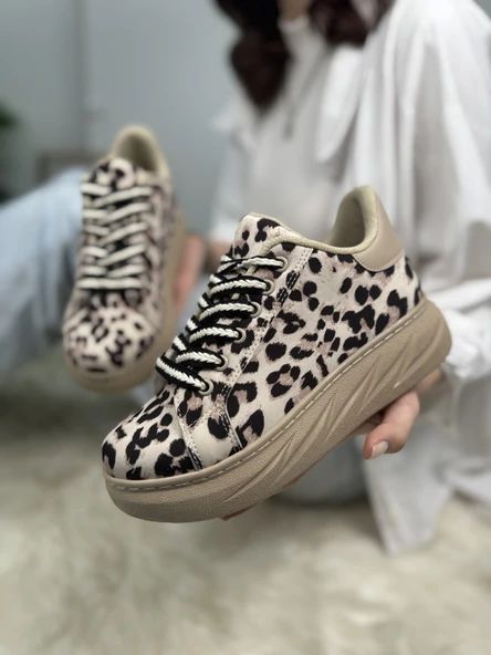 Günlük Kadın Sneaker Leopar Desenli Bağcıklı Oval Burun Yüksek Kalın Topuklu Spor Ayakkabı 313 - 4