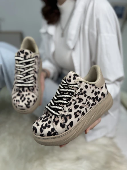 Günlük Kadın Sneaker Leopar Desenli Bağcıklı Oval Burun Yüksek Kalın Topuklu Spor Ayakkabı 313