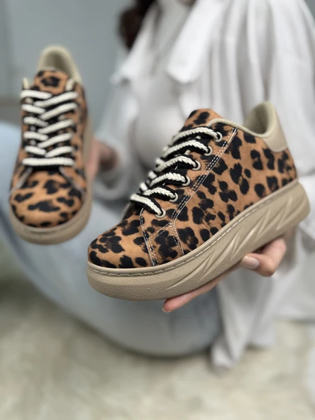 Günlük Kadın Sneaker Leopar Desenli Bağcıklı Oval Burun Yüksek Kalın Topuklu Spor Ayakkabı 313 - 3