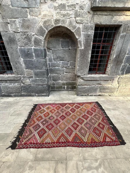 174x295 cm Bohem Türk Kilim, Renkli Geometrik Desenli Kilim, Yıkanabilir Nostaljik El Dokuma Ev & Ofis Kilimi