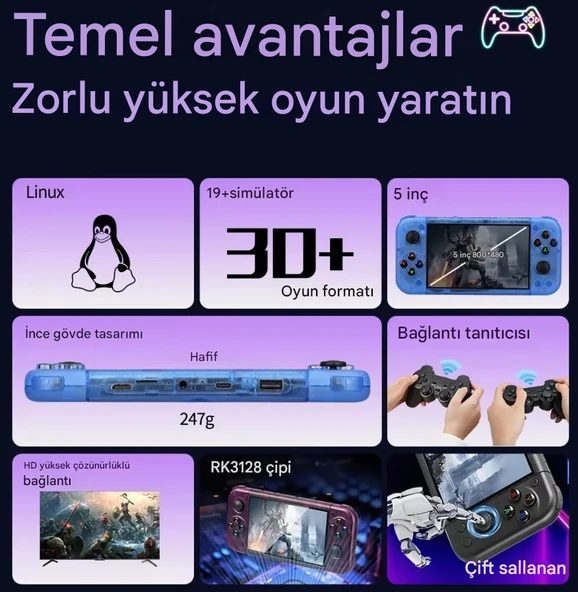 QASUL RG50XX 20.000 Oyun Retro Taşınabilir Oyun Konsolu 5 Inç IPS Ekran Dört Çekirdekli 64GB - 3